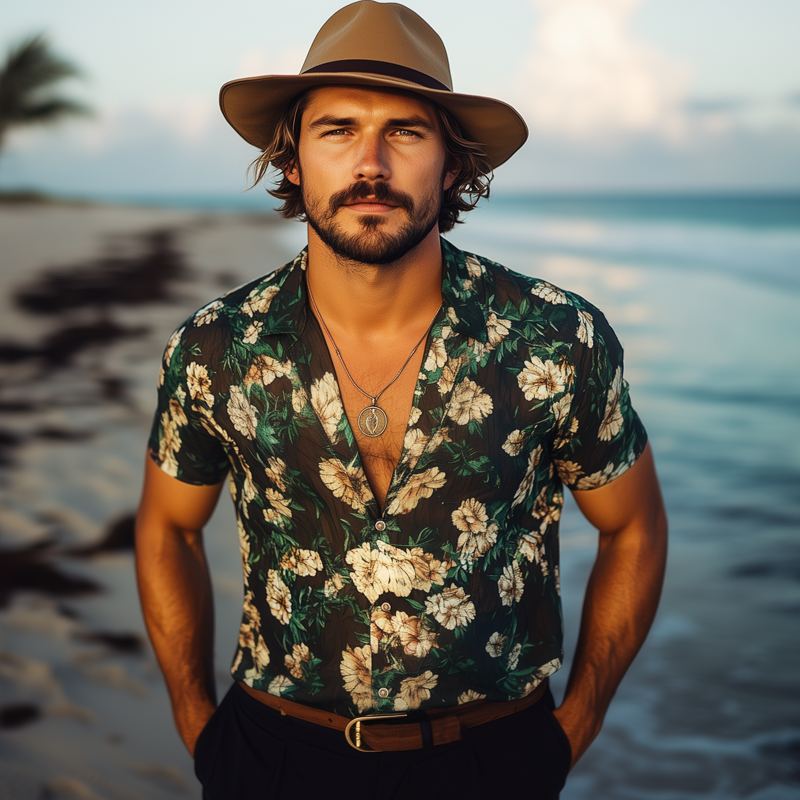 Men's Summer Casual Chiffon Printed Short Sleeve Shirt MTA1096F3U