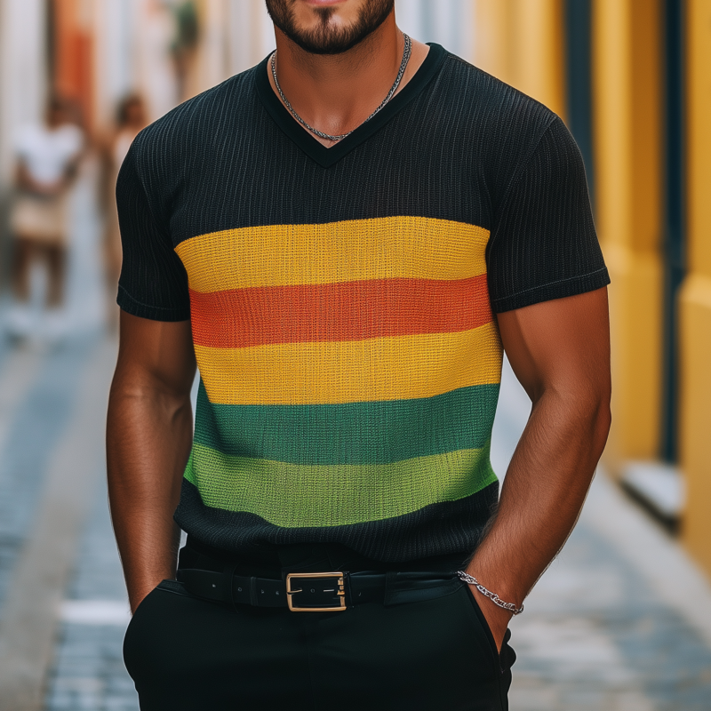 Men's Casual Colorful Striped Breathable V-neck Loose Knitted Short-sleeved T-shirt Sweater MTA2184G8M