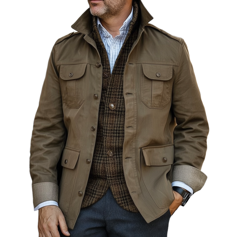 Men's Vintage Distressed Multi-pocket Button-down Work Jacket MTA2950H2U