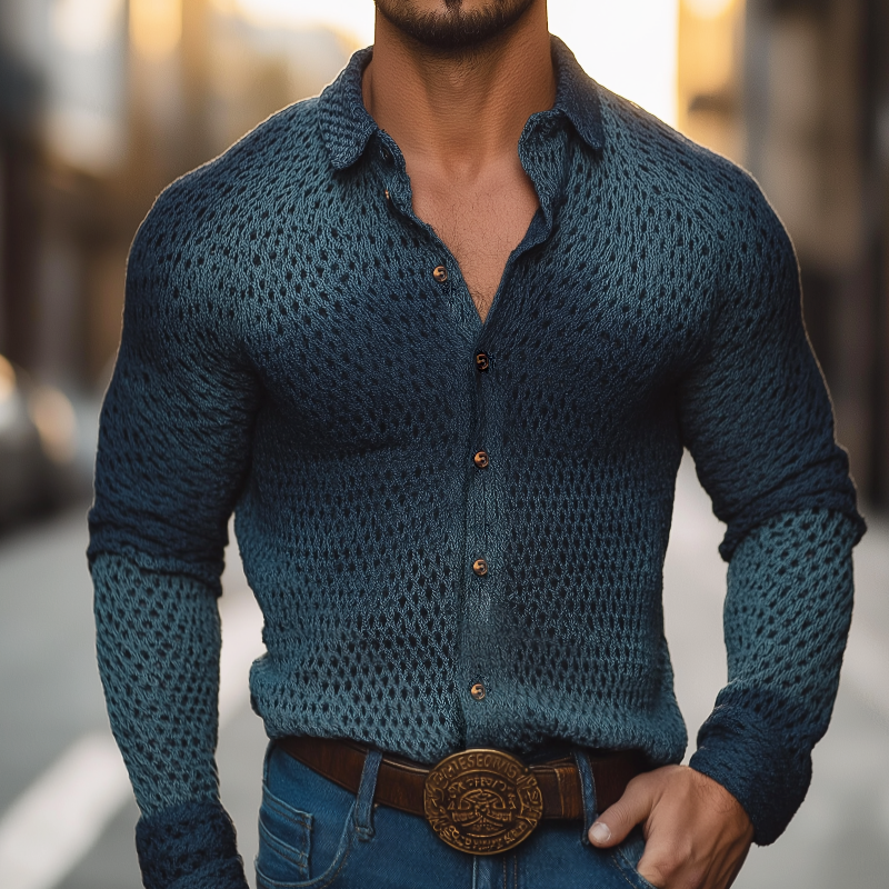 Men's Retro Casual Western Style Gradient Knit Lapel Long Sleeve Shirt MTA1996H1TO