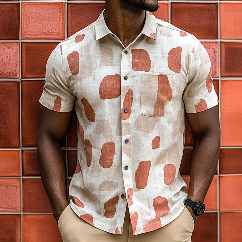 Men'S Retro Casual Geometric Contrast Print Linen Lapel Short Sleeve Shirt MTA0922E9TO