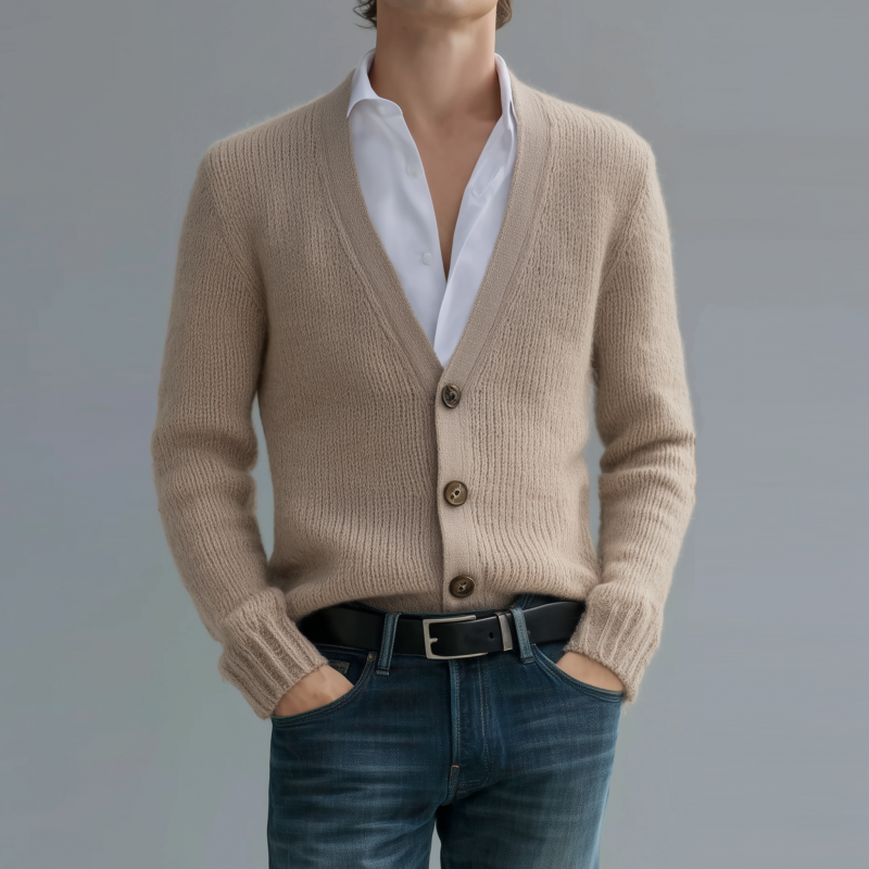 Men's Vintage Elegant Solid Color V-Neck Single-Breasted Slim Fit Soft Knit Cardigan MTA0196H2M
