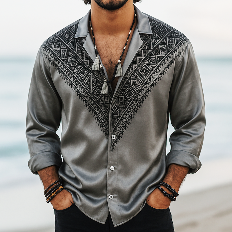 Men's Ethnic Print Satin Lapel Long Sleeve Shirt MTA0207H3Z