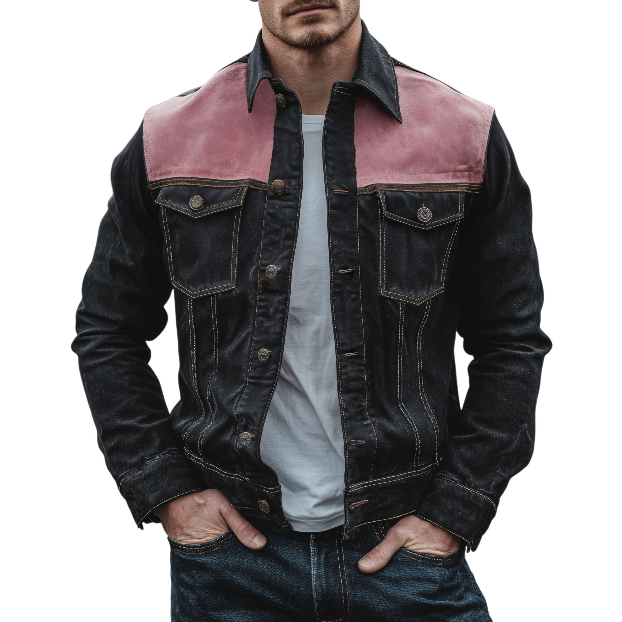 Men's Classic Casual Shoulder Stitching Pink Suede Lapel Denim Jacket MTA2621H3K