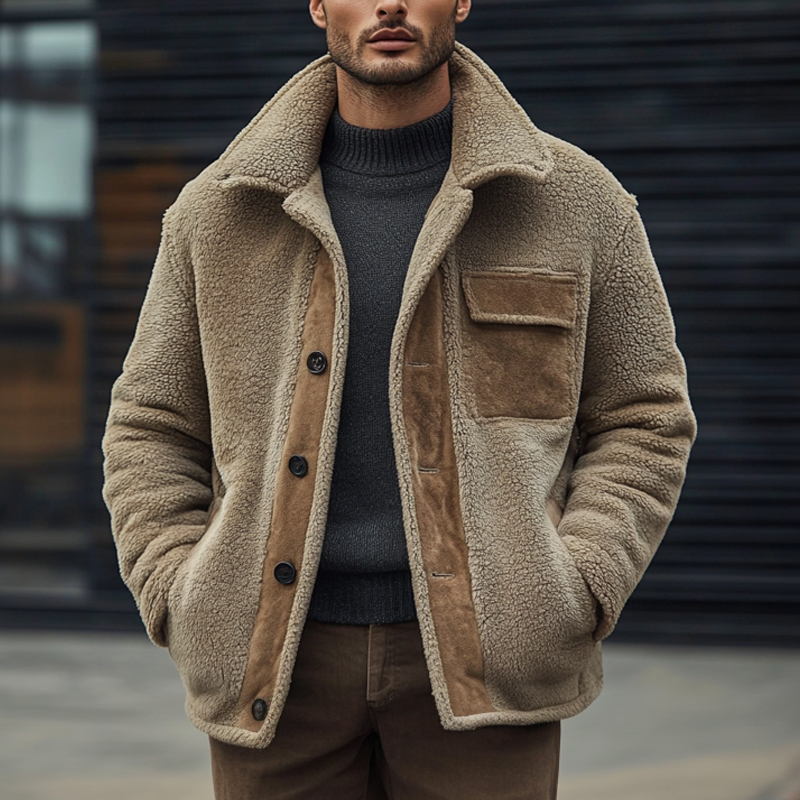 Men's Polar Fleece Panel Lapel Single-breasted Jacket MTA0908I3X