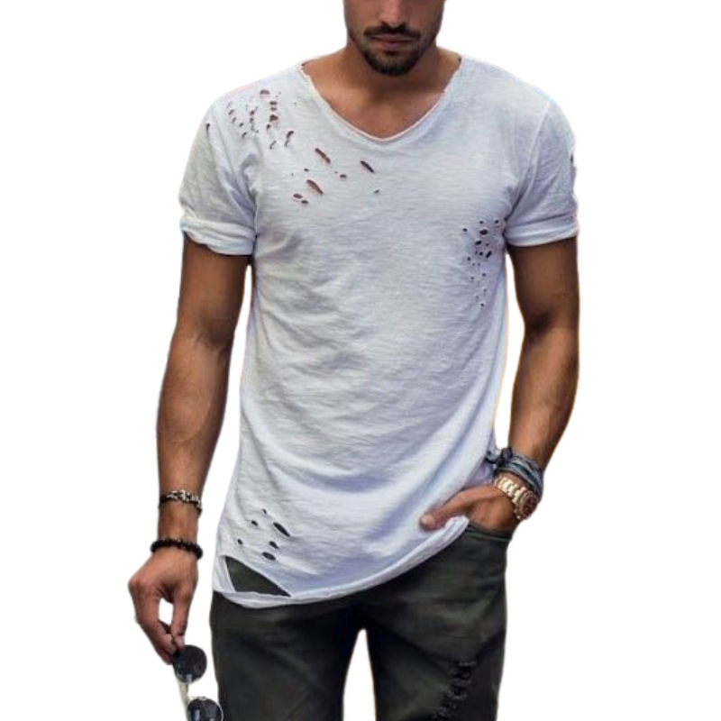 Men's Fashion Casual Slim Round Neck Ripped Short Sleeve T-shirt 28209779K