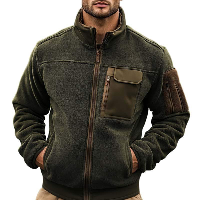 Men's Polar Fleece Panelled Stand Collar Zipper Jacket MTA1392J6X