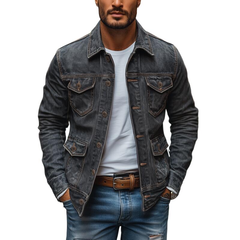Men's Vintage Washed Distressed Denim Lapel Single-breasted Multi-pocket Caogo Jacket MTA2168H3M