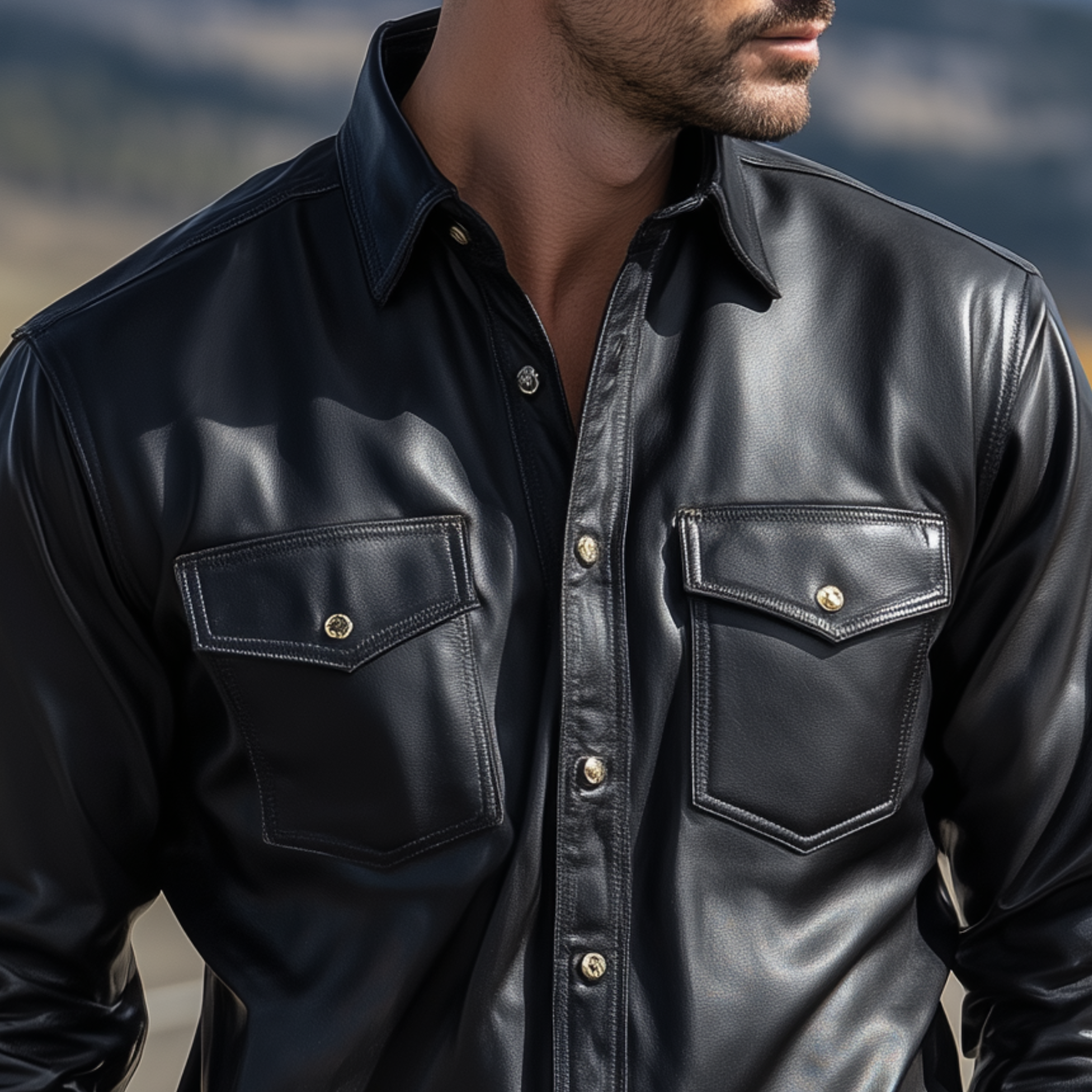 Men's Classic Fashion Casual Pu Leather Lapel Long Sleeve Shirt MTA0252H3K