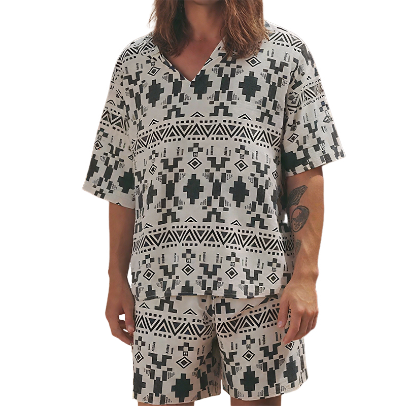 Men's Spring And Summer Fashion Casual Chiffon Printed V-Neck Short Sleeve T-Shirt Shorts Set MTA0954G6K