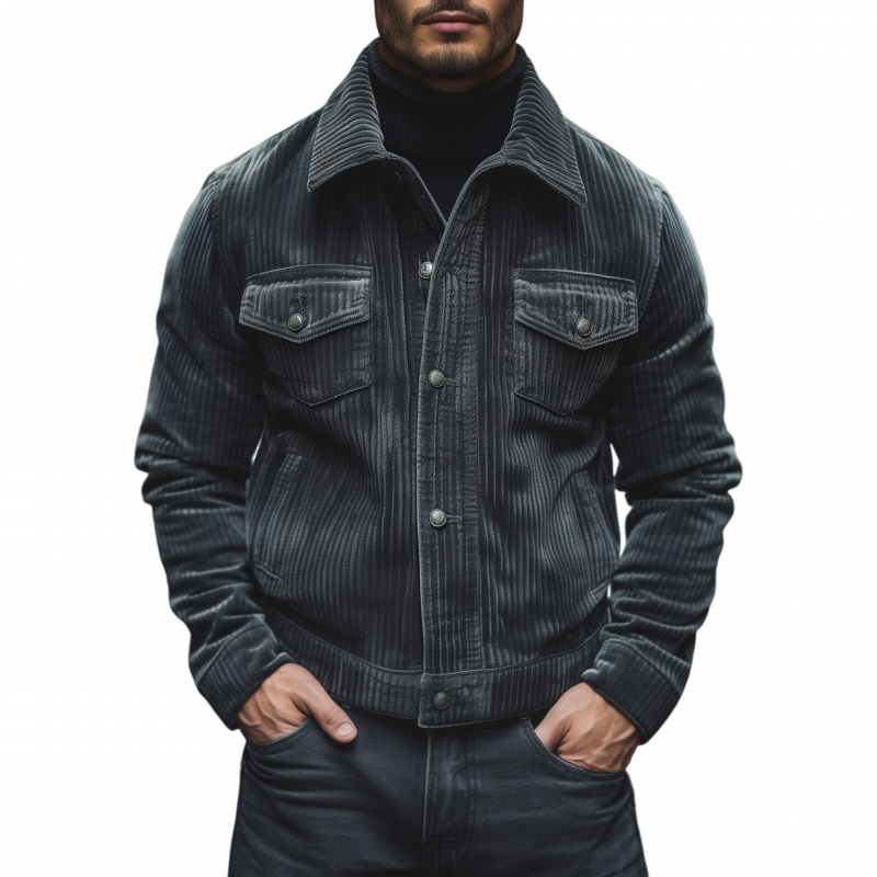 Men's Vintage Solid Color Corduroy Lapel Single-breasted Loose Warm Work Jacket MTA1478H6M