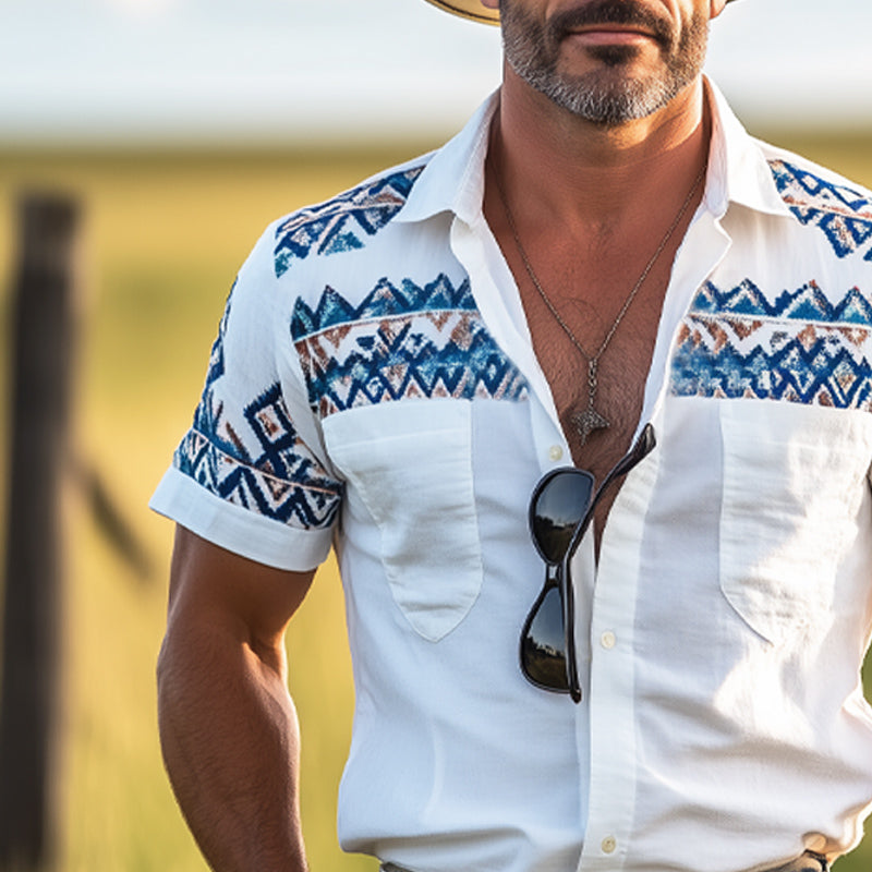 Men'S Western Cowboy Style Aztec Print Short Sleeve Shirt MTA1229E4U