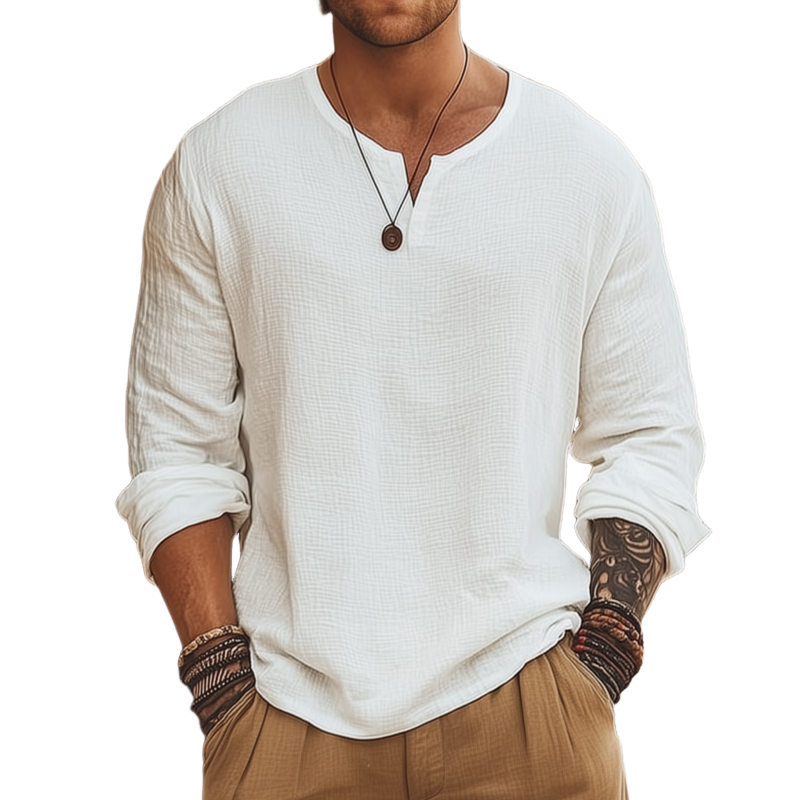 Men's Casual Solid Color Breathable Cotton Bubble Wrinkled V-neck Loose Long-sleeved T-shirt MTA0159G0M
