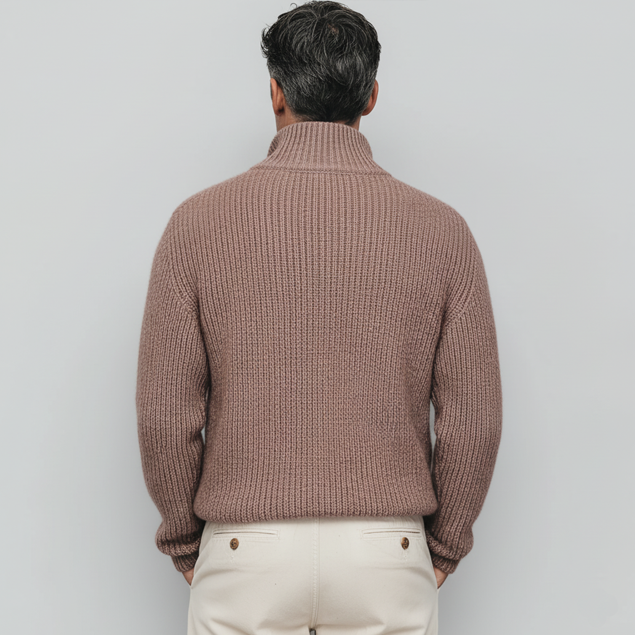 Men's Classic Casual Pink Stand Collar Double Pocket Loose Sweater MTA2824I0K