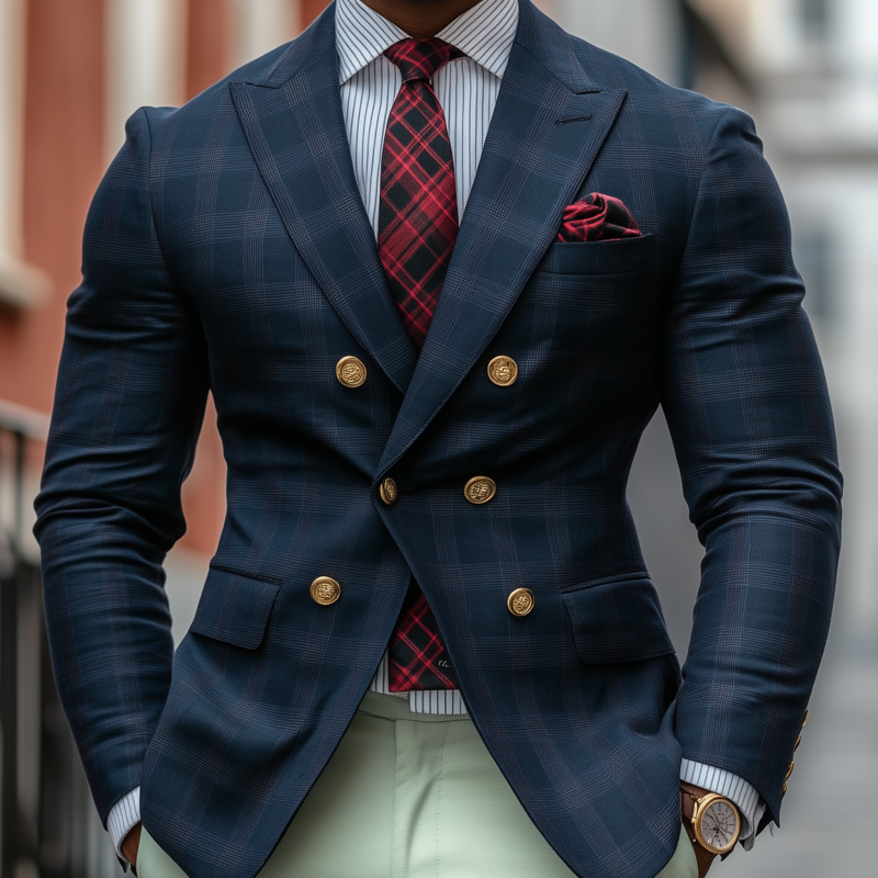 Men's Vintage Cotton Blend Plaid Peaked Lapel Double-Breasted Slim-Fit Blazer MTA1445H6M