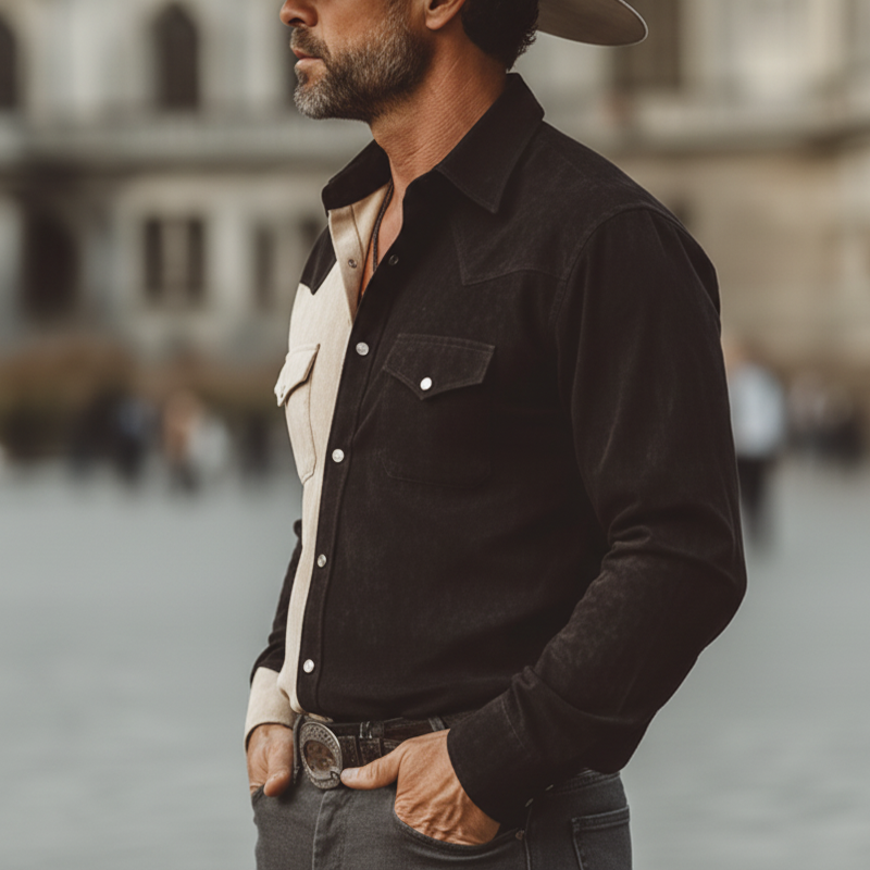 Men's Western-style Color-block Faux Suede Long-sleeved Shirt MTZ0877A8U