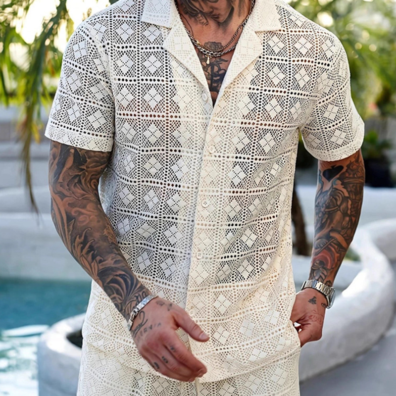 Men's Solid Color Lace Short-sleeved Shorts Two-piece Set MTA0588G7X