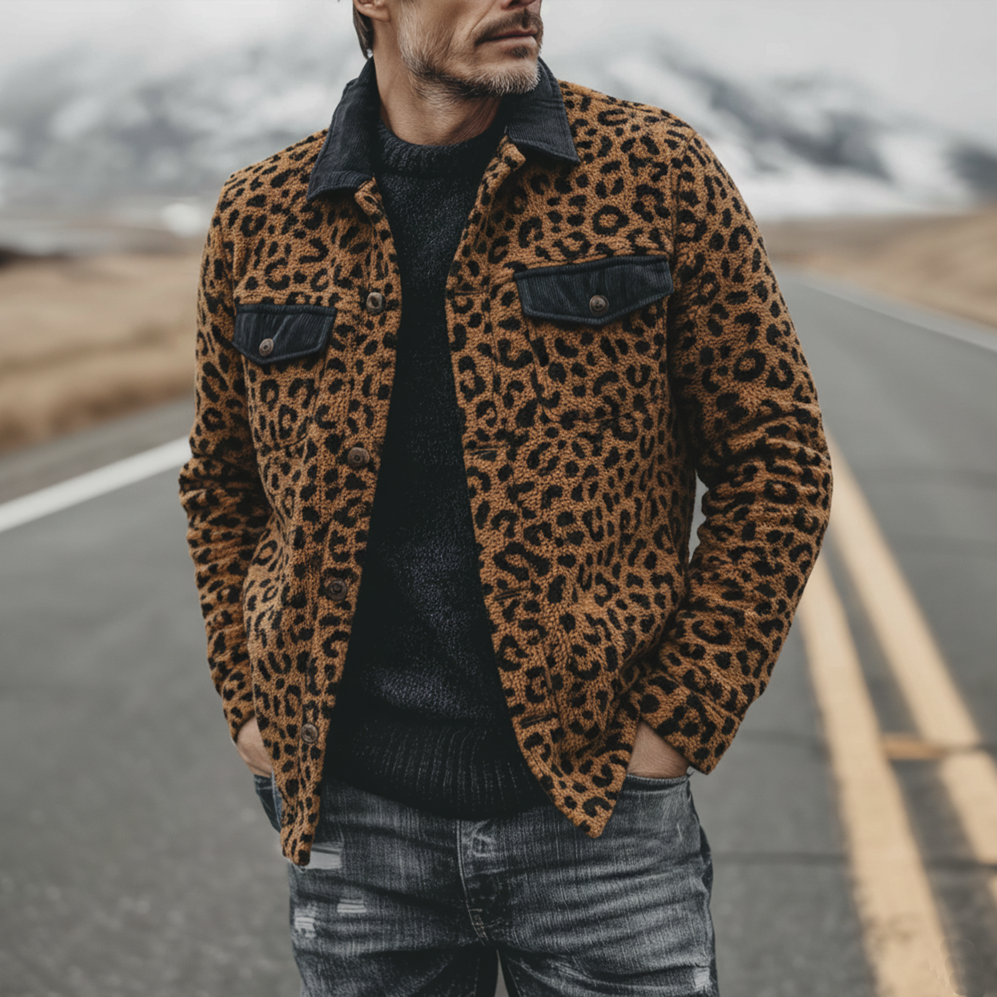 Men's Classic Casual Corduroy Collar And Flap Leopard Print Teddy Jacket MTA1714J6K