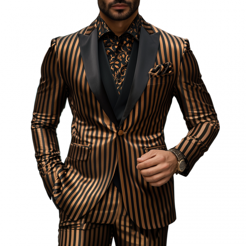 Men's Vintage Fashion Contrast Color Satin Stripe Patchwork Peak Lapel Single-breasted Slim Fit Blazer MTA3087G9M