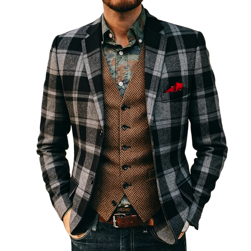 Men's Vintage Casual Check Button Blazer MTA1505J0TO