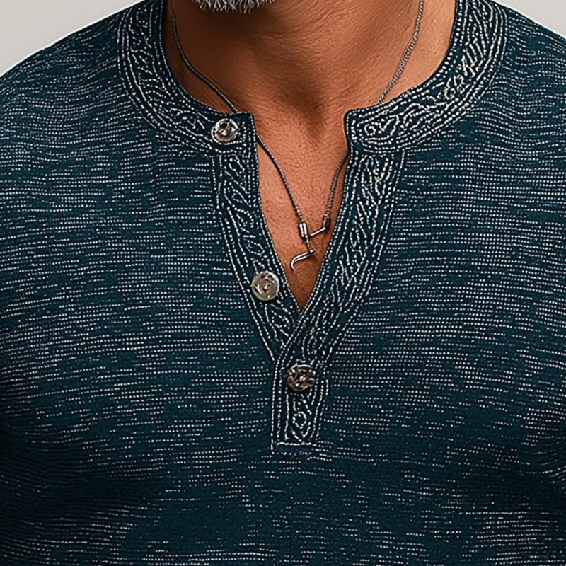 Men's Summer Fashion Retro Printed Polyester Blended Short Sleeve Henley Shirt MTA1850F2P