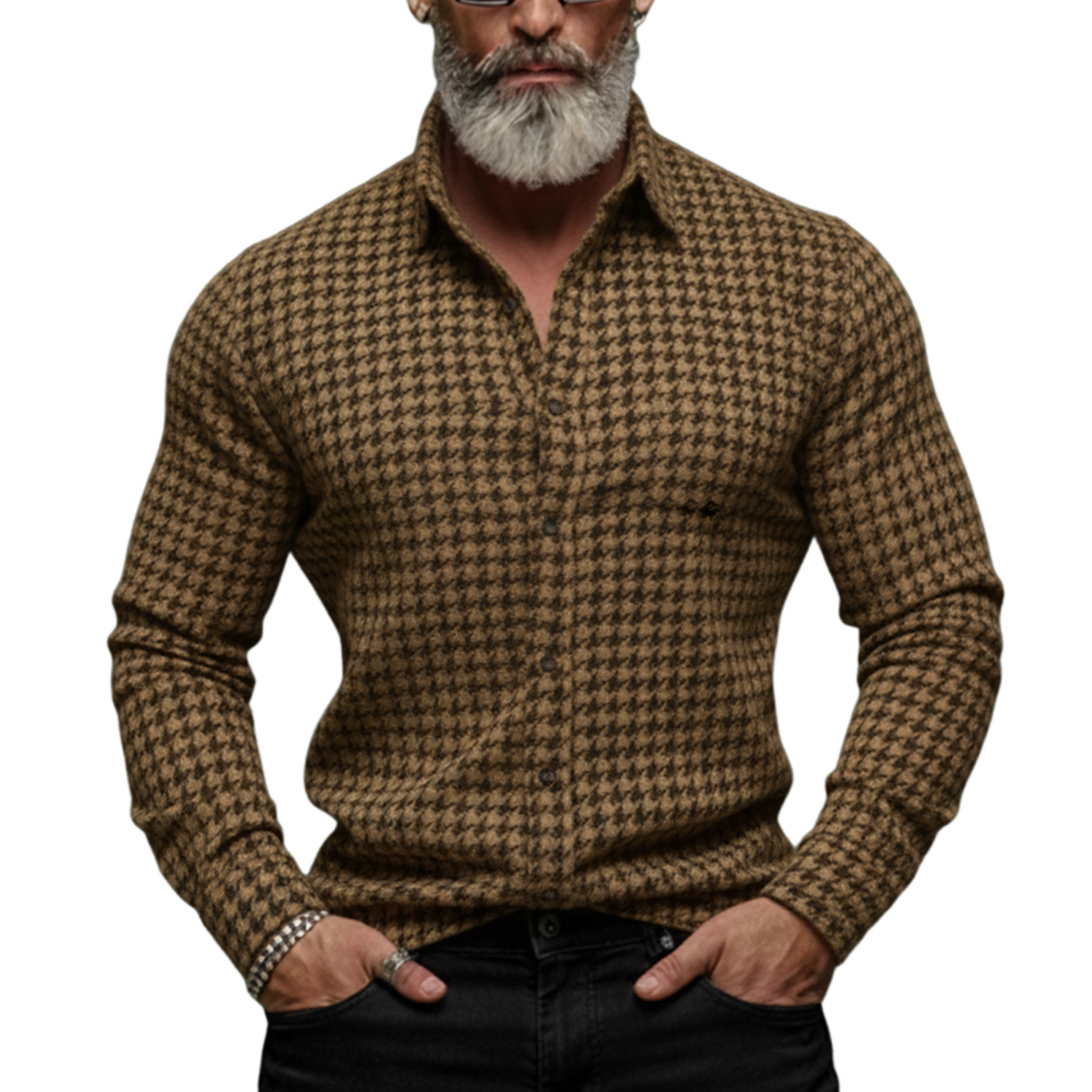 Men's Classic Casual Houndstooth Wool Long-sleeved Shirt MTA2818K9K