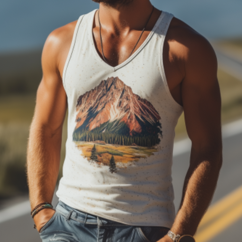 Men's American Retro Yellowstone Park Series Printed V-Neck Cotton Tank Top 19193488K