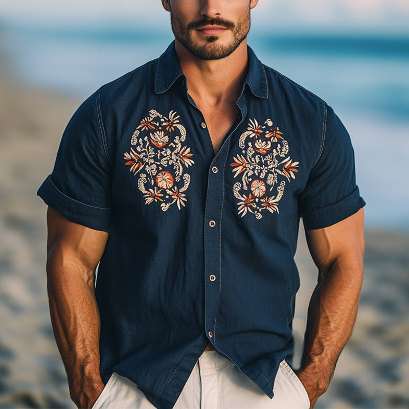 Men's Summer Retro Embroidered Lapel Short Sleeve Shirt MTA2243E8U