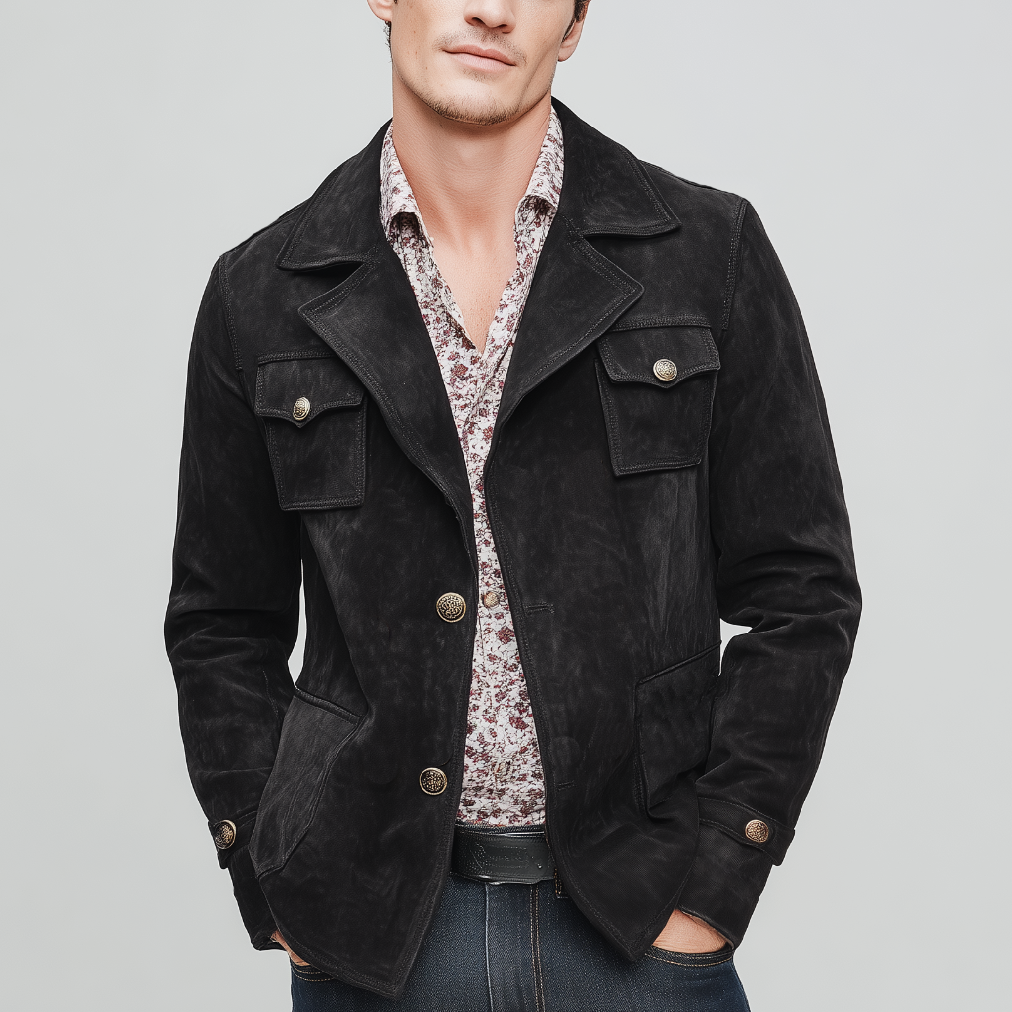 Men's Classic Vintage Lapel Multi-Pocket Faux Suede Single-Breasted Jacket MTA1947I0K