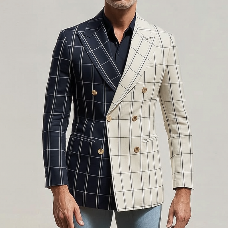 Men's Stylish Colorblock Cotton Blend Plaid Peaked Lapel Double-breasted Slim-fit Blazer MTA1986G5M
