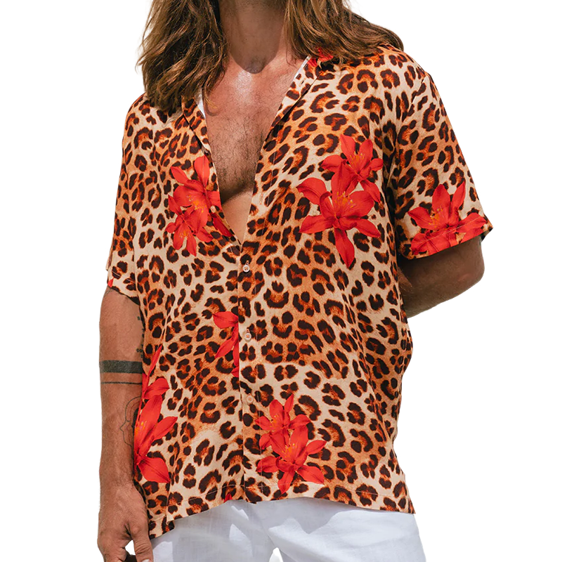 Herre vår- og sommermote, avslappet bomullsblanding, trykt leopardrose, sexy, kortermet skjorte MTA0734G4K