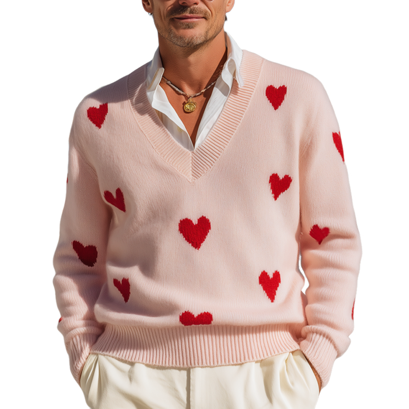 Men's Casual V-Neck Heart Pattern Pink Pullover Sweater MTA1357I5U