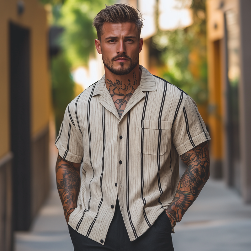 Men's Loose Casual Striped Printed Short Sleeve Shirt MTA2072F6X
