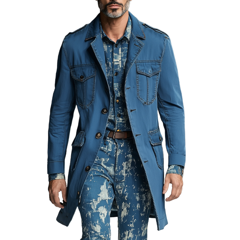Men's Vintage Washed Navy Style Mid-Length Denim Trench Coat MTA2521G4X