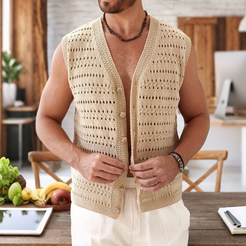 Herremote Hul Jacquard V-hals Enkeltspent Slim Fit Strikkevest MTA0475G8M