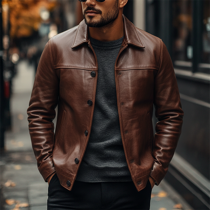 Men's Retro Solid Color Lapel Button PU Jacket MTA0510L8X