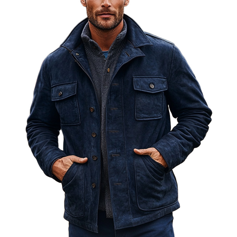 Men's Vintage Solid Color Faux Suede Multi-Pocket Lapel Mid-Length Coat MTA2367J9X