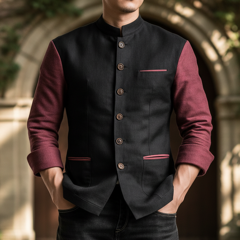 Men's Fashion Color-blocked Cotton-linen Blend Thick Shirt MTA2365I0P