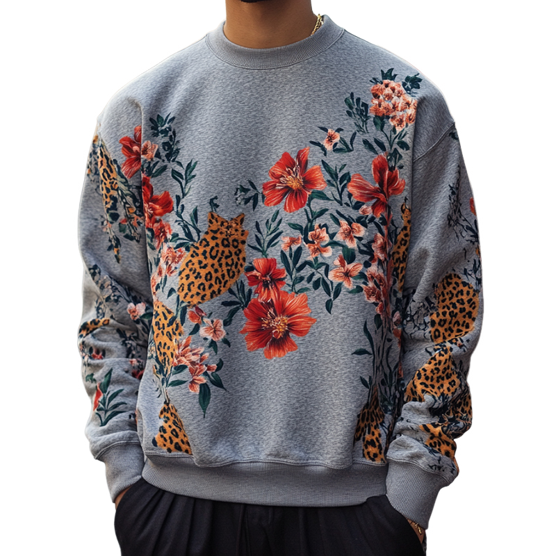 Men's Retro Casual Floral Leopard Print Crew Neck Sweatshirt 98470208TO