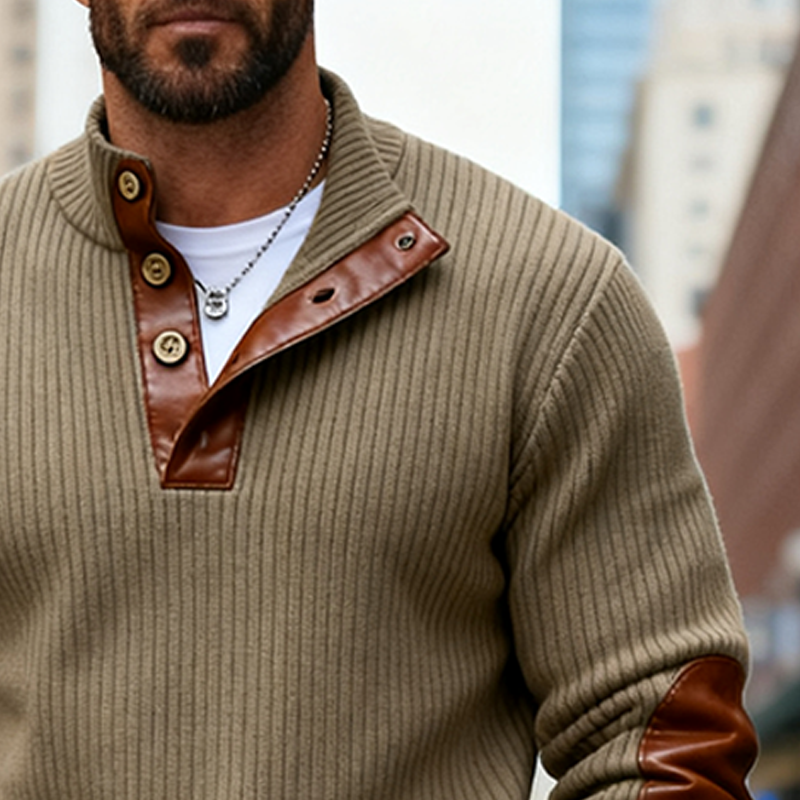 Men's Knitted PU Stand-up Collar Half-high Collar Sweater MTA2533J0X