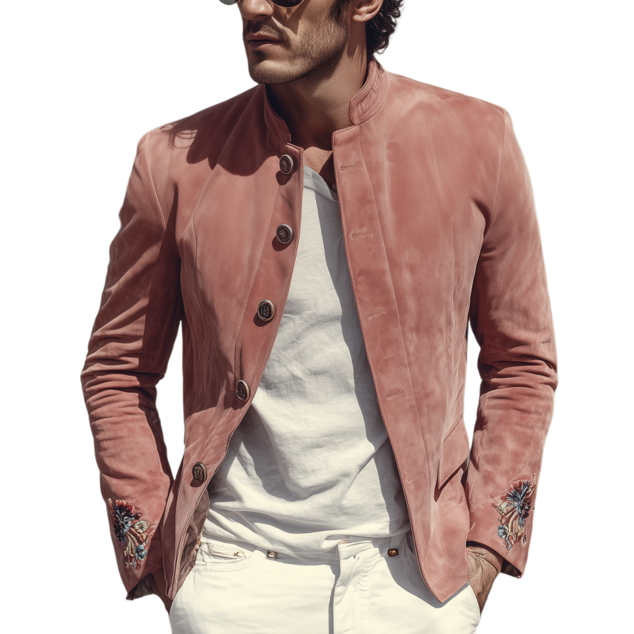 Men's Classic American Retro Western Style Stand Collar Embroidered Pink Suede Jacket MTA2015H1K