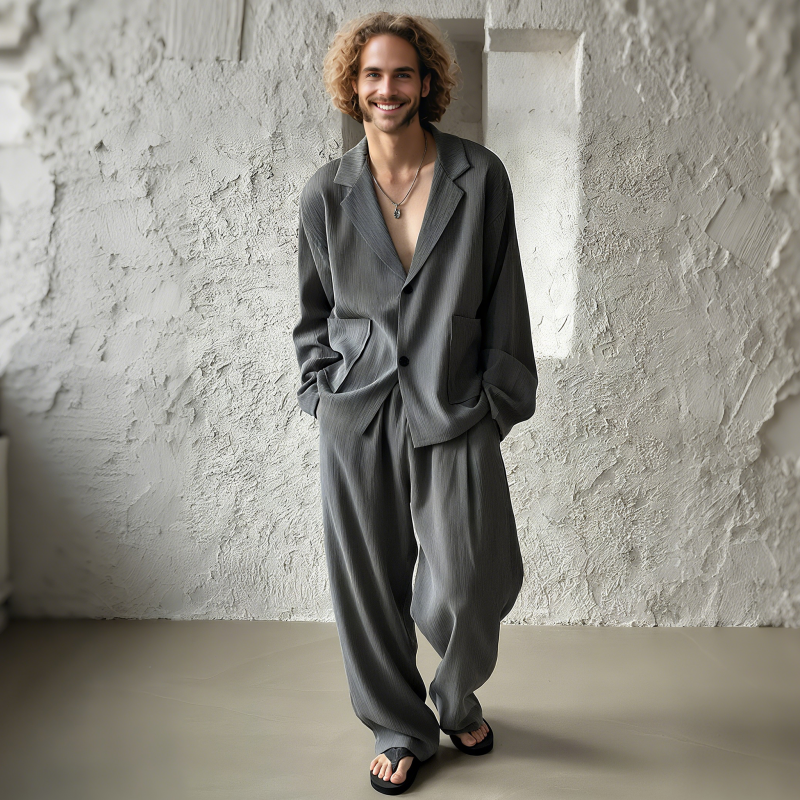 Men's Fashion Ribbed Cuban Collar Single Breasted Loose Long Sleeve Shirt Elastic Waist Straight Pants Set MTA0435G1M