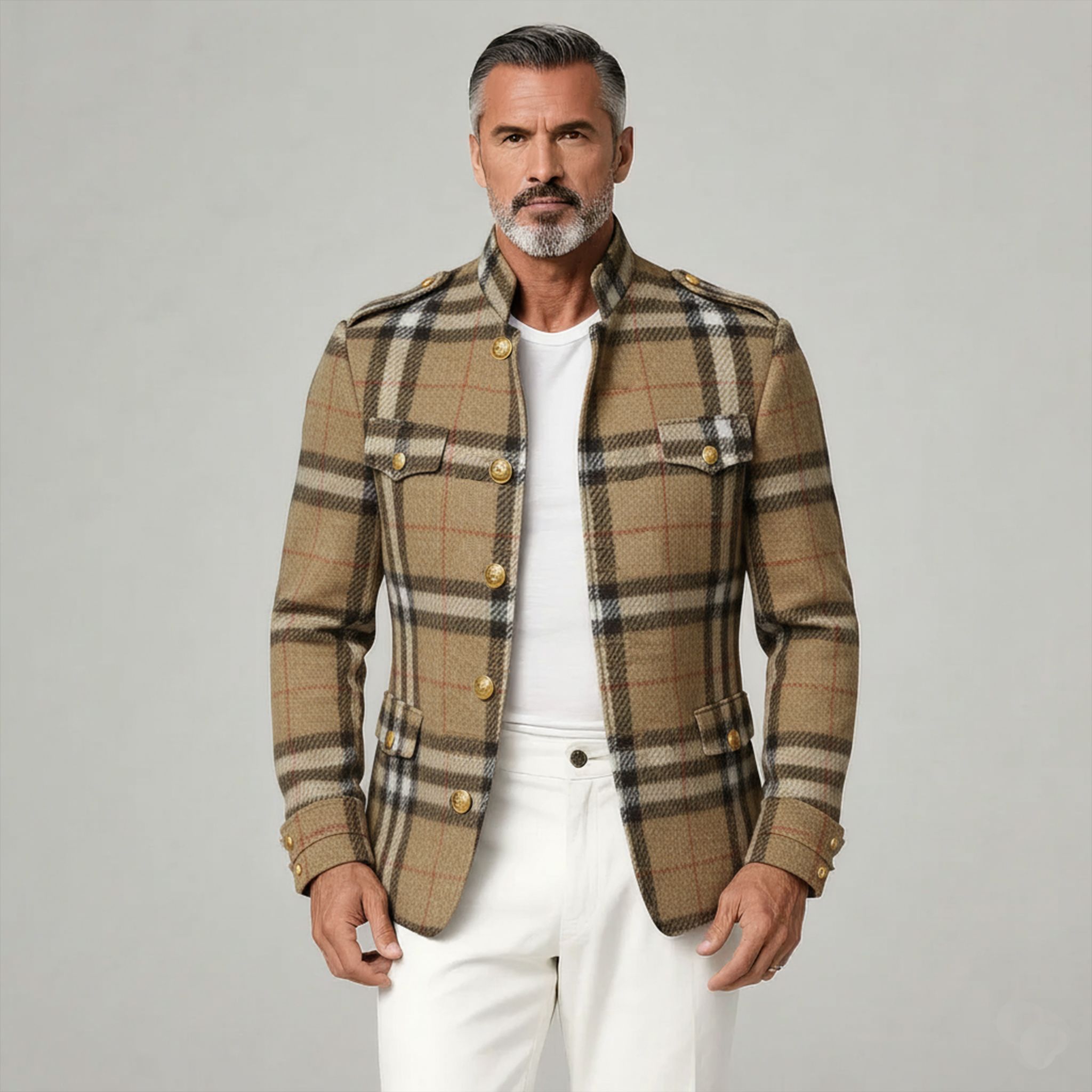 Men's Classic Retro Stand Collar Faux Plaid Woolen Slim Jacket MTA3023I8K