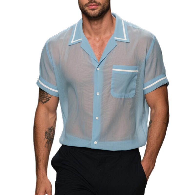 Men's Retro Casual Solid Color Mesh Lapel Short Sleeve Shirt MTA2332E3TO