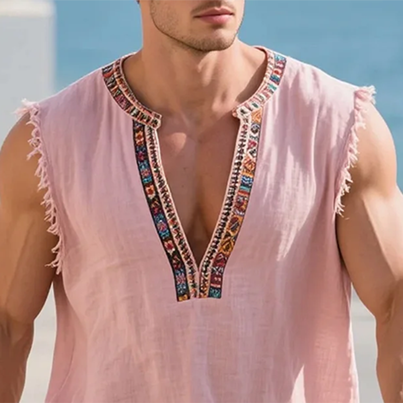 Men's Cotton And Linen Embroidered V-neck Sleeveless Raw Edge Tank Top MTA0423G9Y