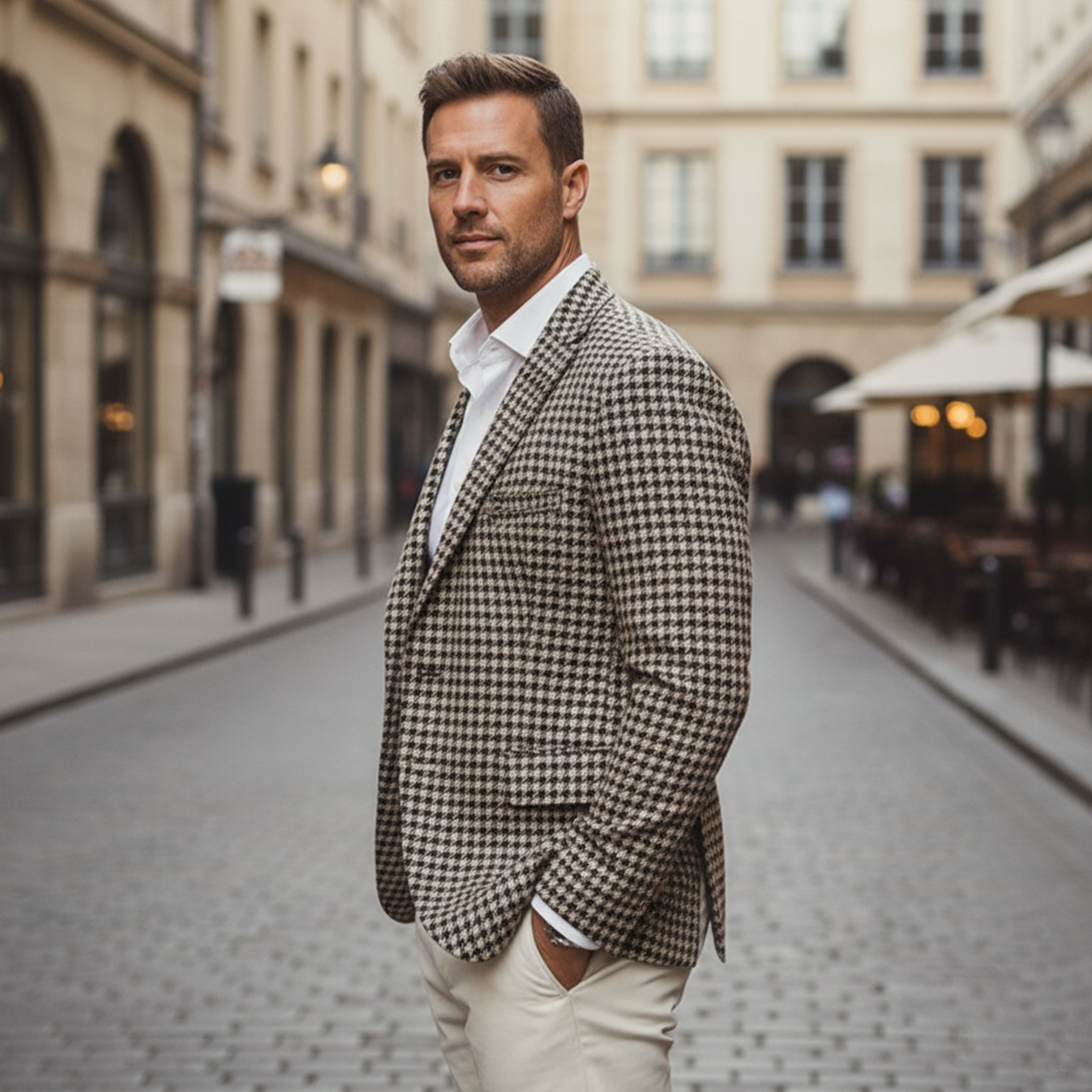Men's Classic Light Business Faux Woolen Houndstooth Single-breasted Blazer MTA2289I6K