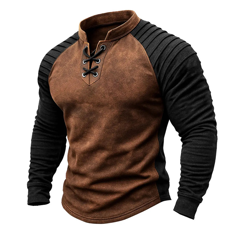 Men's Colorblock Blend Faux Suede Stand Collar Lace-Up Sweatshirt MTA0957J4X