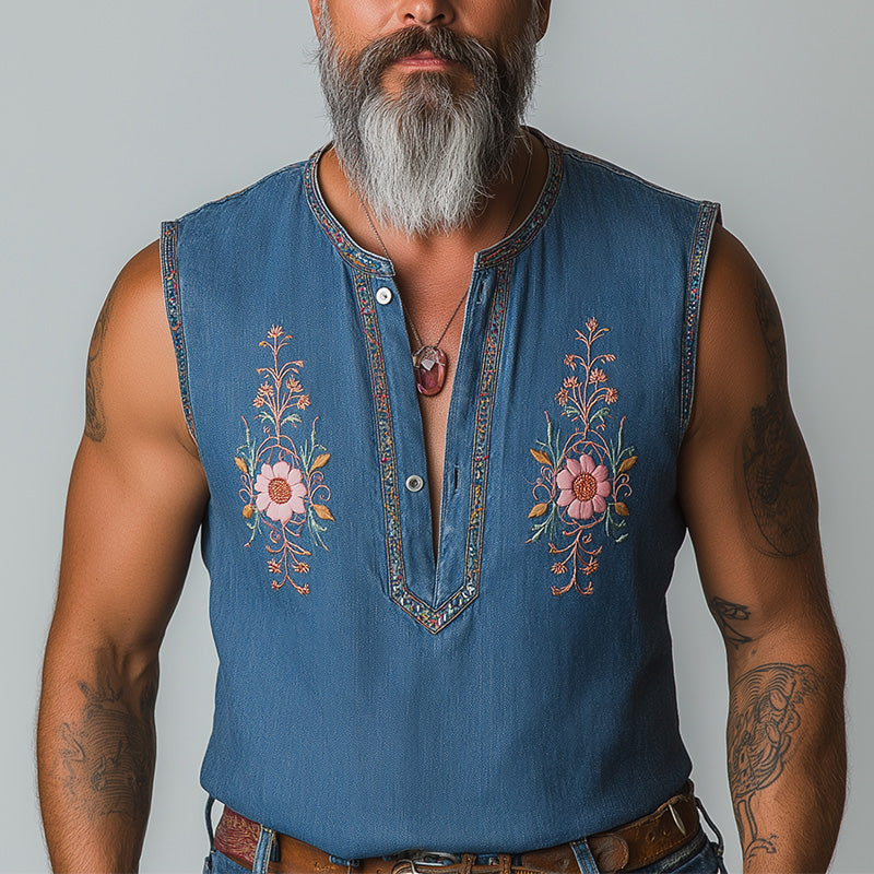 Herre sommerskjorte i western cowboy-stil med broderi og ermeløs vasket denim MTA1988E5P