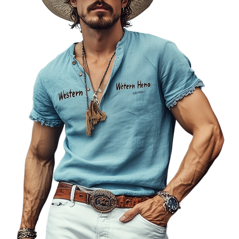 Men's Spring And Summer Fashion Casual Western Cowboy Style Cotton And Linen Henry Collar Embroidered Short Sleeve T-Shirt MTA1648E2K