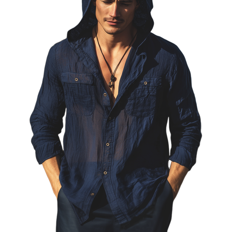 Men's Solid Color Sun Protection Chiffon Hooded Long-sleeved Shirt MTA0414H7U